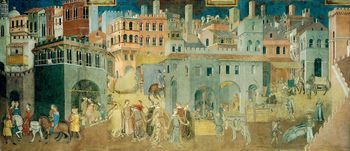 Detail from Ambrogio Lorenzetti's fresco cycle, 'The Allegory of Good and Bad Government', depicting a view of medieval Siena with buildings richly painted in pastel colors.
