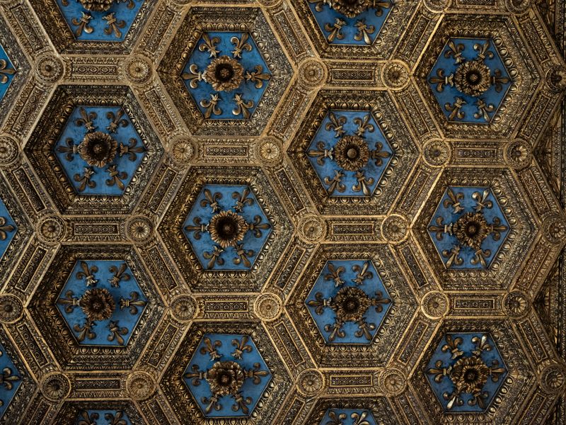 The ornate Renaissance-style ceiling of the Sala dei Gigli (Hall of the Lilies) in the Palazzo Vecchio, Florence, Italy. It features a symmetrical pattern of gilded hexagonal panels. Each blue panel contains a golden fleur-de-lis motif, a tribute to the Anjou dynasty, protectors of the Guelph faction.