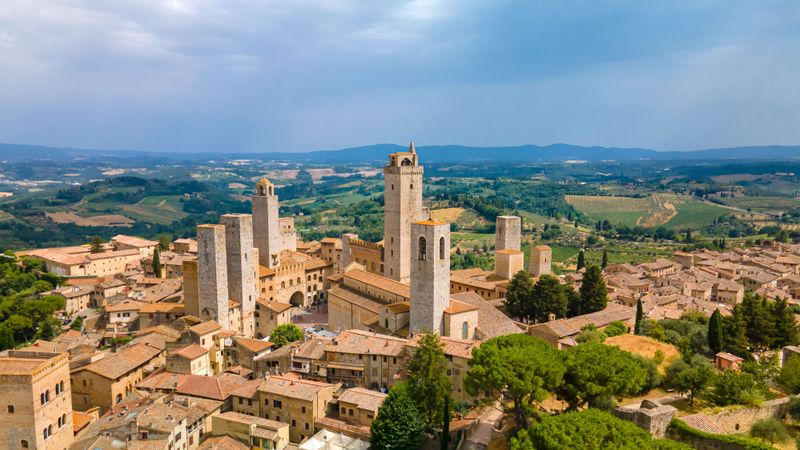 The medieval Italian hill town of San Gimignano with its numerous towers, located in Tuscany.