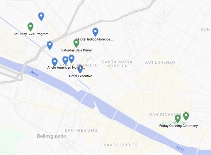 Map of Florence showing the distribution of hotels and locations.
